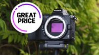 Nikon Z5 camera on a tripod with a "Great Price" badge overlay, set against a backdrop of lush green foliage.