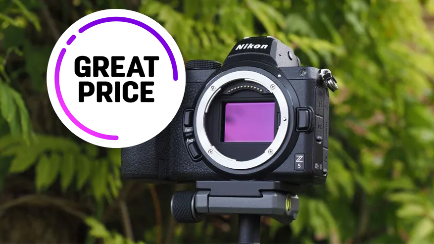 Nikon Z5 camera on a tripod with a &quot;Great Price&quot; badge overlay, set against a backdrop of lush green foliage.