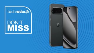 Google Pixel 10 in obsidian black on blue background with TechRadar don't miss sign