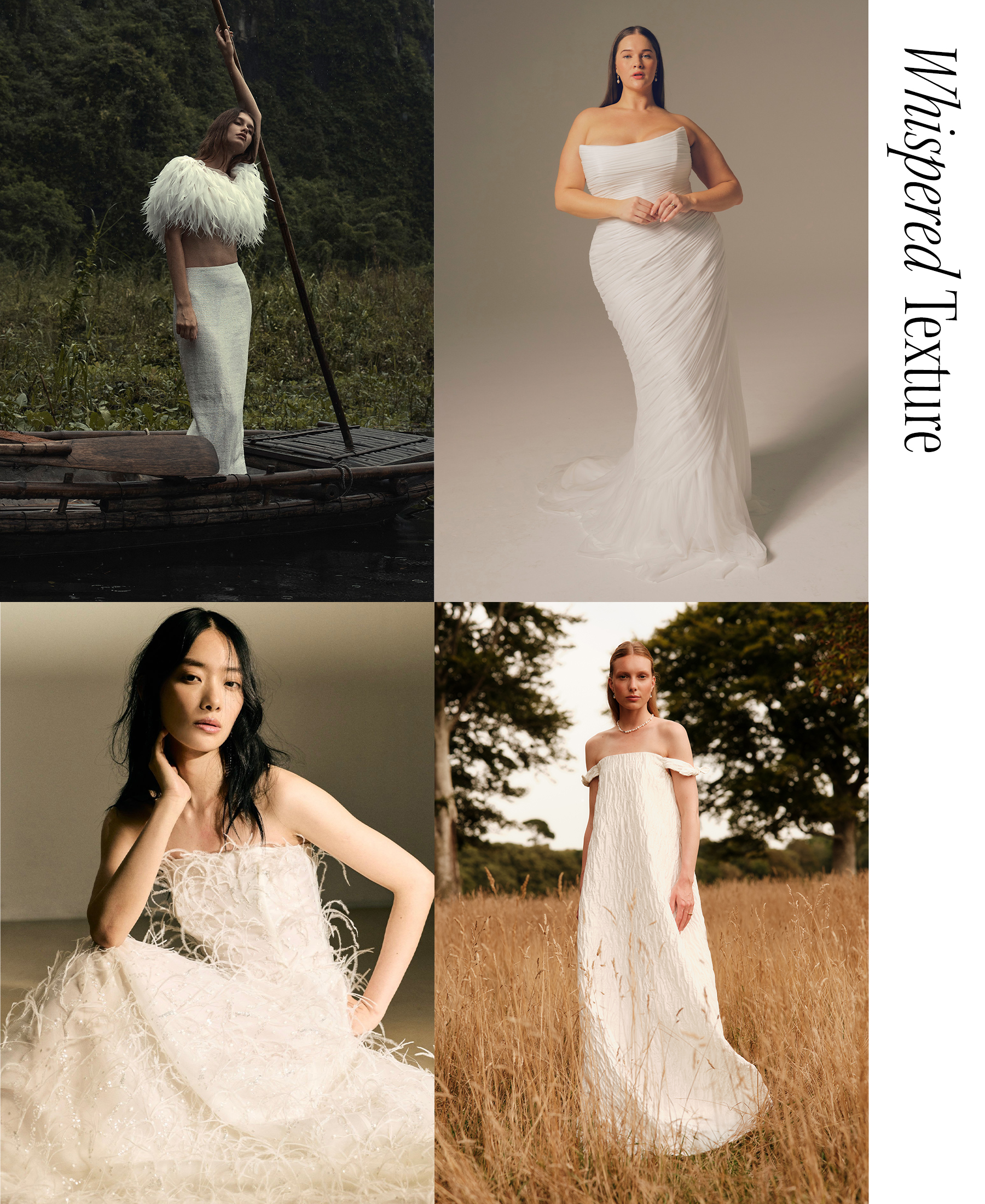 A collage of women wearing textured bridal gowns with the trend name &quot;whispered texture.&quot;