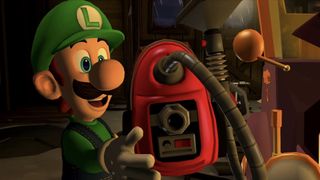 Luigi's holds the Poltergust, smiling