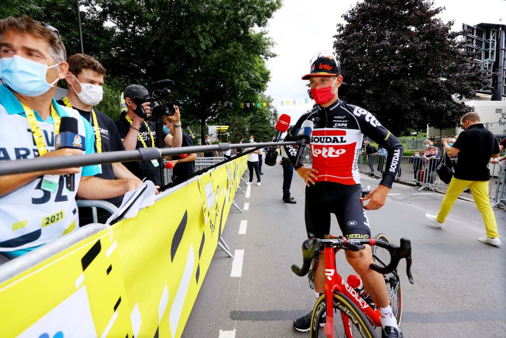 FOUGERES FRANCE JUNE 29 Brent Van Moer of Belgium and Team Lotto Soudal Most Combative Rider celebrates at arrival during the 108th Tour de France 2021 Stage 4 a 1504km stage from Redon to Fougres Press Media Interview LeTour TDF2021 on June 29 2021 in Fougeres France Photo by Tim de WaeleGetty Images
