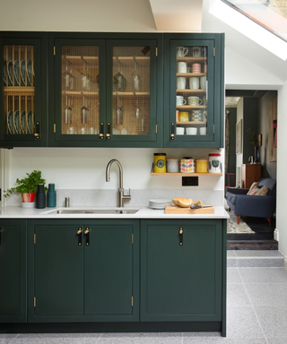 A kitchen with dark green see-through cabinets