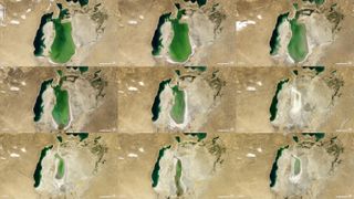 satellite image showing the aral sea drying up since the 1960s