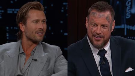 Glen Powell is interviewed by Jelly Roll on Jimmy Kimmel Live!.