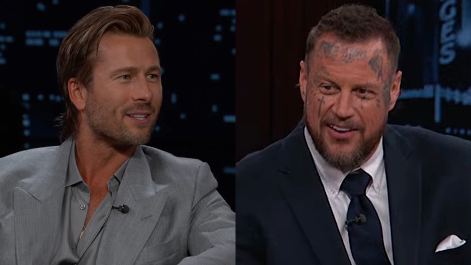 Glen Powell is interviewed by Jelly Roll on Jimmy Kimmel Live!.