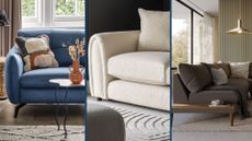 compilation of three living rooms with a blue sofa boucle sofa and a modular sofa to show key sofa trends 2023