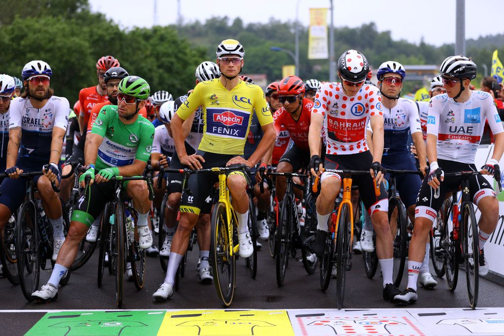 LE GRAND BORNAND FRANCE JULY 03 Mark Cavendish of The United Kingdom and Team Deceuninck QuickStep Green Points Jersey Mathieu Van Der Poel of The Netherlands and Team AlpecinFenix Yellow Leader Jersey Matej Mohori of Slovenia and Team Bahrain Victoriou Polka Dot Mountain Jersey Tadej Pogaar of Slovenia and UAETeam Emirates White Best Young Rider Jersey at start during the 108th Tour de France 2021 Stage 8 a 1508km stage from Oyonnax to Le GrandBornand LeTour TDF2021 on July 03 2021 in Le Grand Bornand France Photo by Tim de WaeleGetty Images