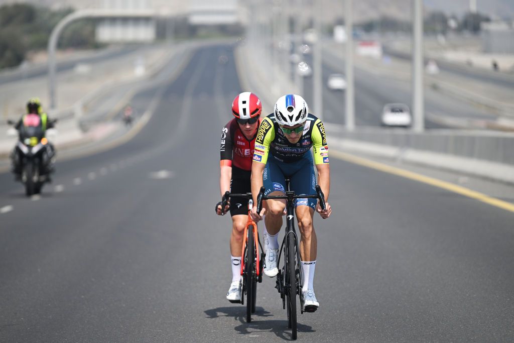 QIDFA UNITED ARAB EMIRATES FEBRUARY 20 LR Michael Shea Leonard of Canada and Team INEOS Grenadiers and Djordje Djuric of Serbia and Team Solution Tech Vini Fantini compete in the breakaway during the 7th UAE Tour 2025 Stage 4 a 181km stage from Fujairah Qidfa Beach to Umm al Quwain UCIWWT on February 20 2025 in Fujairah Qidfa Beach United Arab Emirates Photo by Dario BelingheriGetty Images