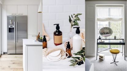 Split image header featuring a fridge, a skincare collection and a makeup vanity setup