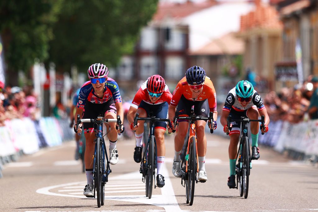 AGUILAR DE CAMPOO SPAIN MAY 20 Matilde Vitillo of Italy and Team Bepink Nina Buysman of Netherlands and Team Human Powered Health and Lara Vieceli of Italy and Ceratizit Wnt Pro Cycling Team sprint to win during the 7th Vuelta a Burgos Feminas 2022 Stage 2 a 128km stage from Sasamn to Aguilar de Campoo VueltaBurgos BurgosFem UCIWWT on May 20 2022 in Aguilar de Campoo Spain Photo by Gonzalo Arroyo MorenoGetty Images