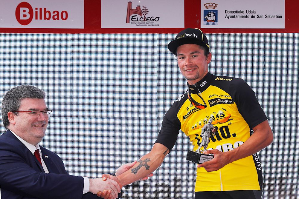 Primoz Roglic on the stage 4 podium at Pais Vasco