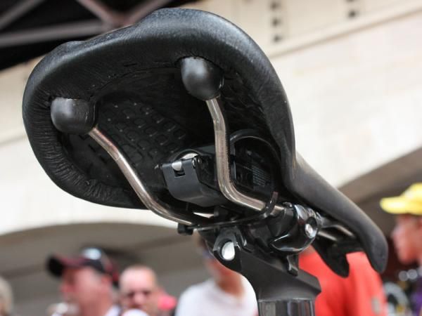 The Shimano Dura-Ace Di2 battery is tucked up underneath the saddle.