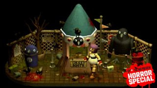 Mara Forest walks in front of the Crow Country ticket booth in a piece of key art that retains the game's rounded low-poly visual style, but smashes together other elements of the theme park - such as a crow statue, gore puddles, dead trees, and explosive barrels - together in a way that isn't true of the actual space in-game, but conveys what to expect therein, with the GamesRadar+ Big Preview Horror Special 2025 badge branding