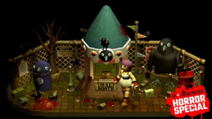 Mara Forest walks in front of the Crow Country ticket booth in a piece of key art that retains the game's rounded low-poly visual style, but smashes together other elements of the theme park - such as a crow statue, gore puddles, dead trees, and explosive barrels - together in a way that isn't true of the actual space in-game, but conveys what to expect therein, with the GamesRadar+ Big Preview Horror Special 2025 badge branding
