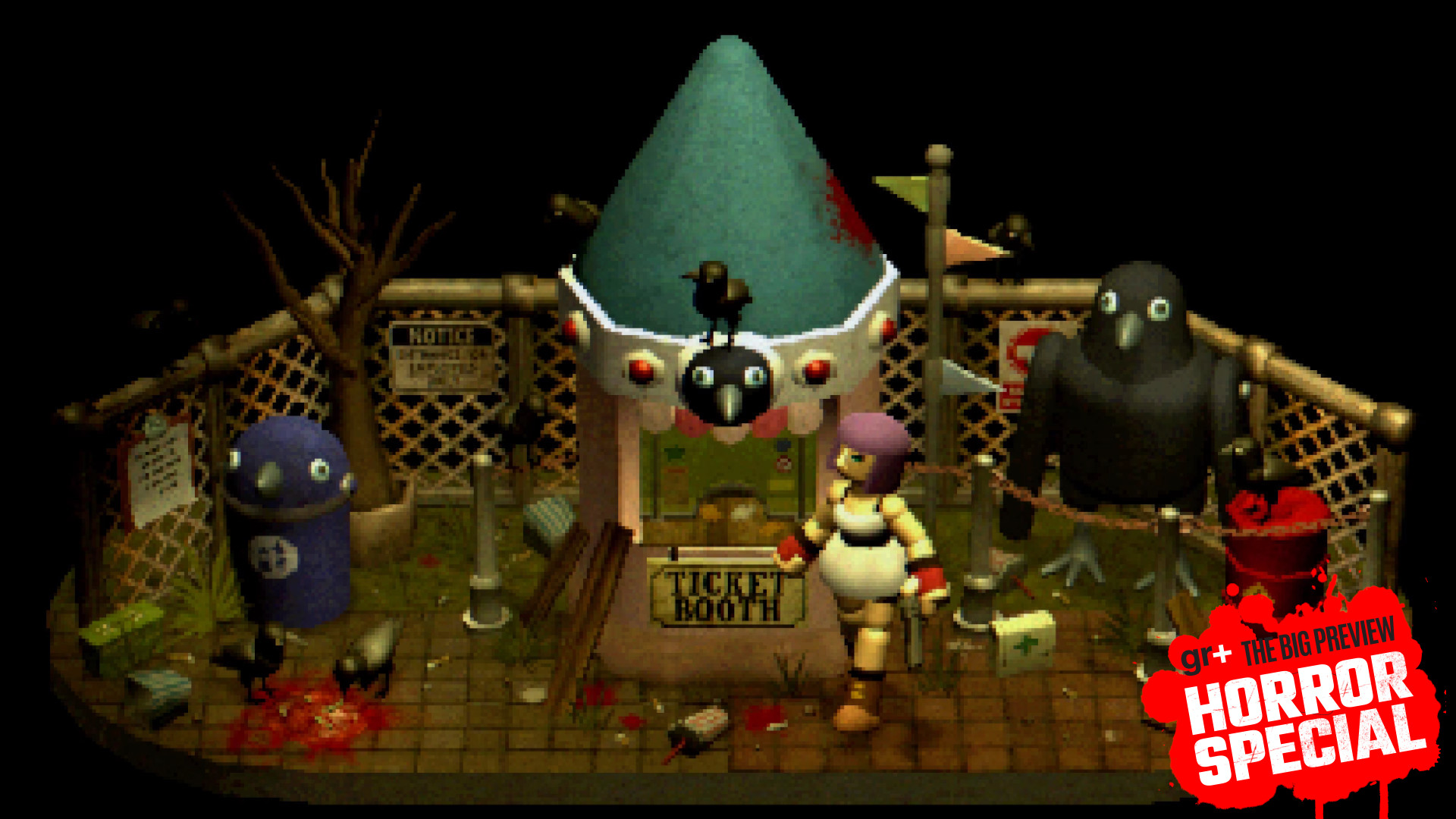 Mara Forest walks in front of the Crow Country ticket booth in a piece of key art that retains the game's rounded low-poly visual style, but smashes together other elements of the theme park - such as a crow statue, gore puddles, dead trees, and explosive barrels - together in a way that isn't true of the actual space in-game, but conveys what to expect therein, with the GamesRadar+ Big Preview Horror Special 2025 badge branding