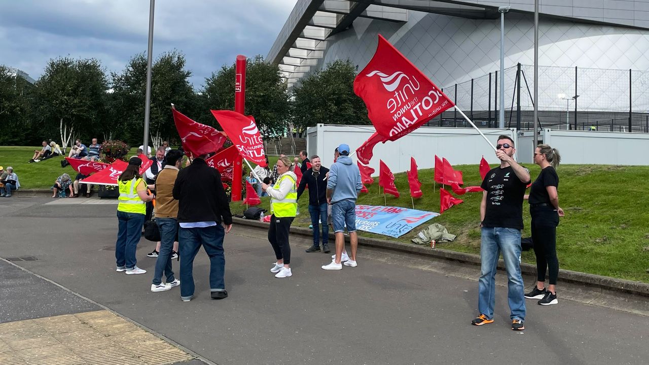 People strike outside Sir Chris Hoy Velodrome in Glasgow