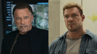 Side by side: Arnold Schwarzenegger in black jacket in FUBAR Season 2; Reacher in denim overshirt in Reacher Season 4