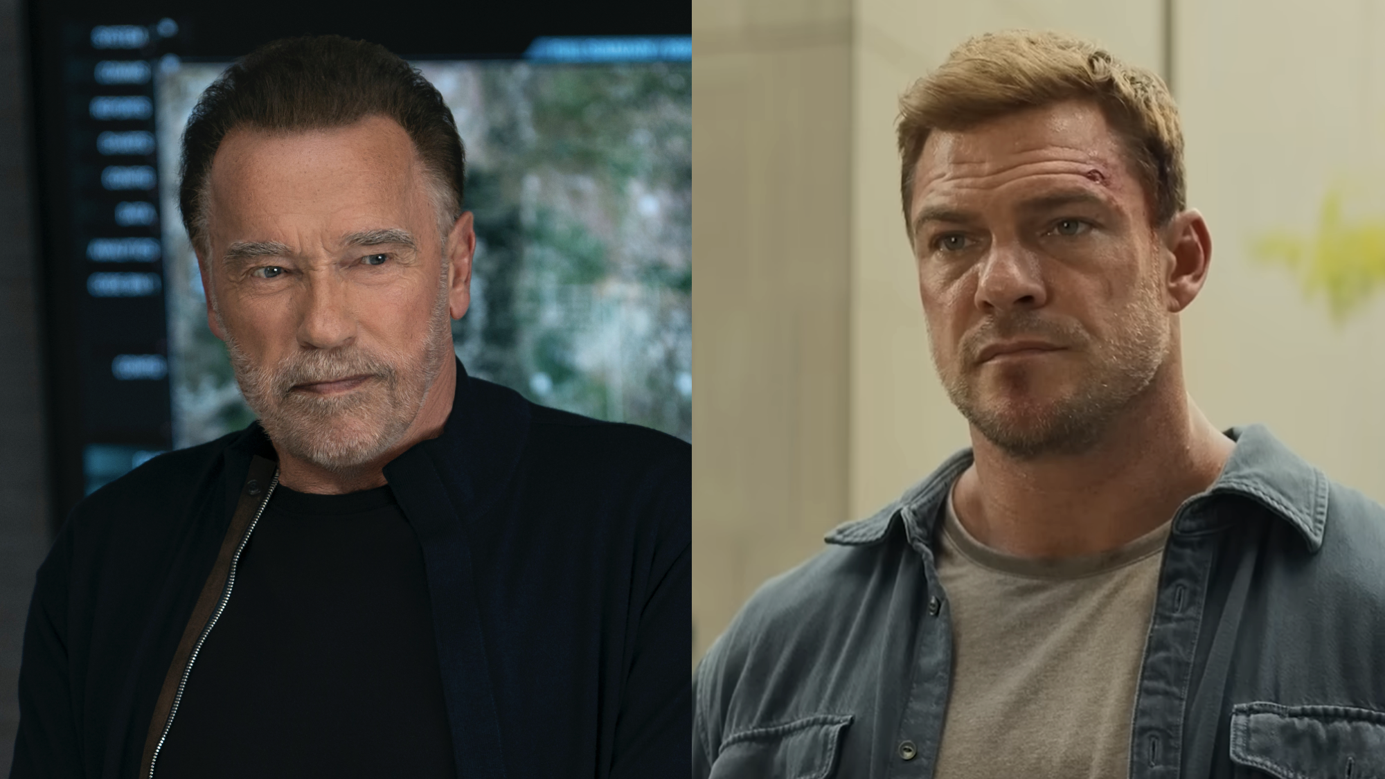 Side by side: Arnold Schwarzenegger in black jacket in FUBAR Season 2; Reacher in denim overshirt in Reacher Season 4