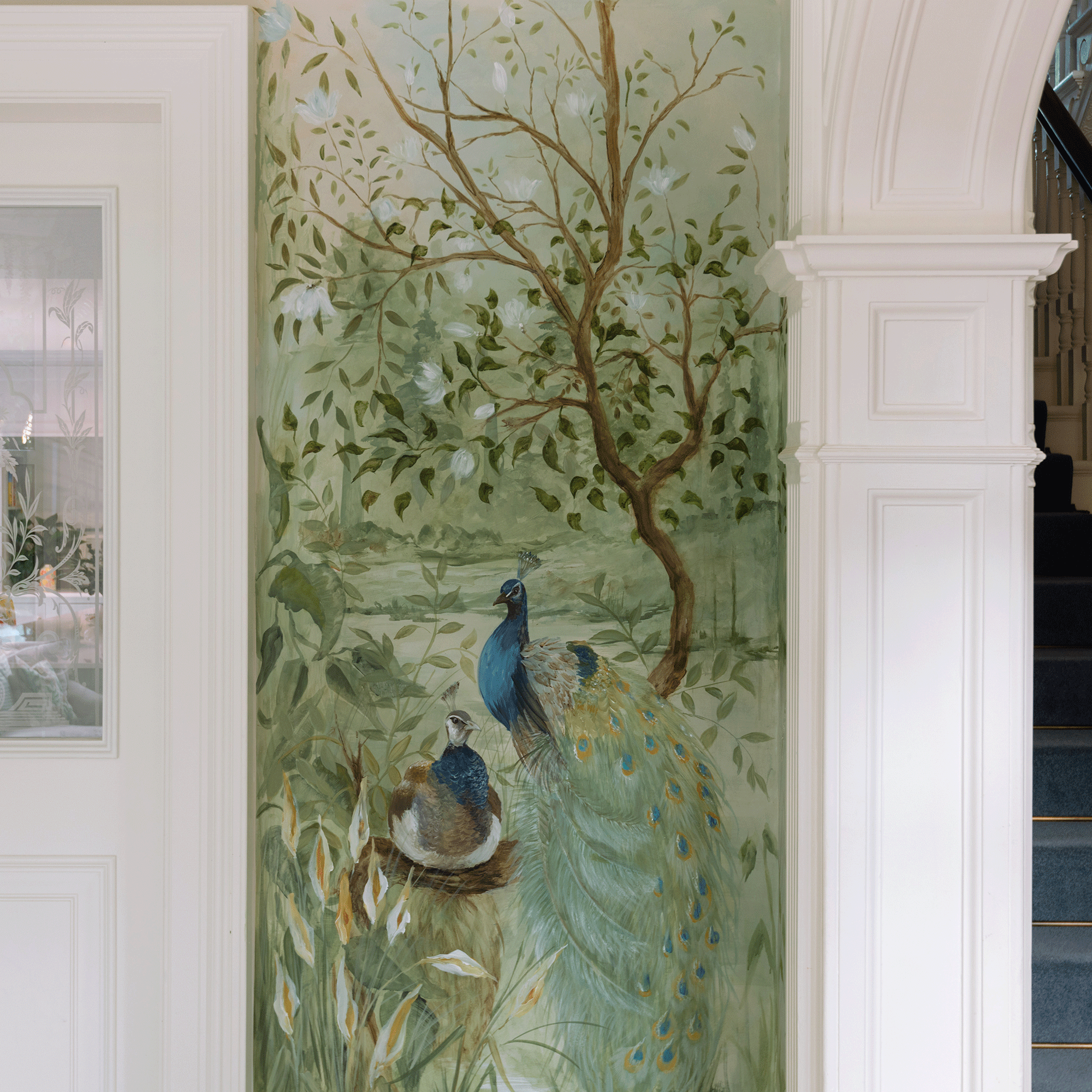 Peacock wall mural on green background