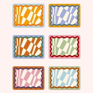 set of 6 assorted placemats with colourful checkerboard pattern and scalloped borders