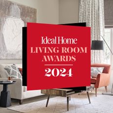 beige living room with a red Ideal home living room awards 2024 logo