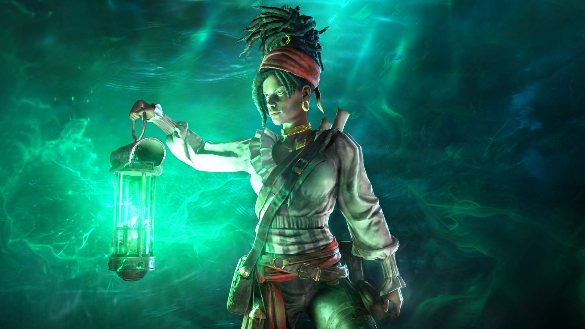 Key art of a Path of Exile Curse of the Allflame. A woman holds a lantern that glows green with a watery background.