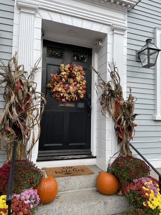 A front door decorated for Halloween