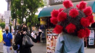 A man with a virus for a head being given the finger