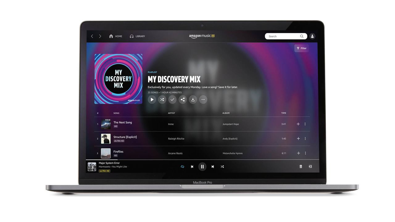 A laptop on a white background running the Amazon Music Unlimited app