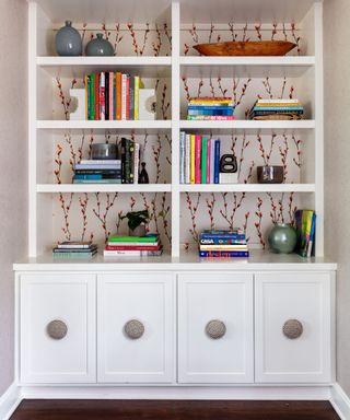 bookcase with wallpapered back