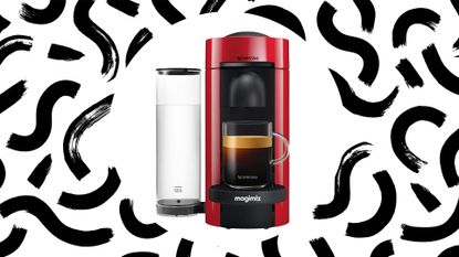 red Nespresso Vertuo machine on a black swirl background to signify Amazon Prime Day Nespresso vertuo deal