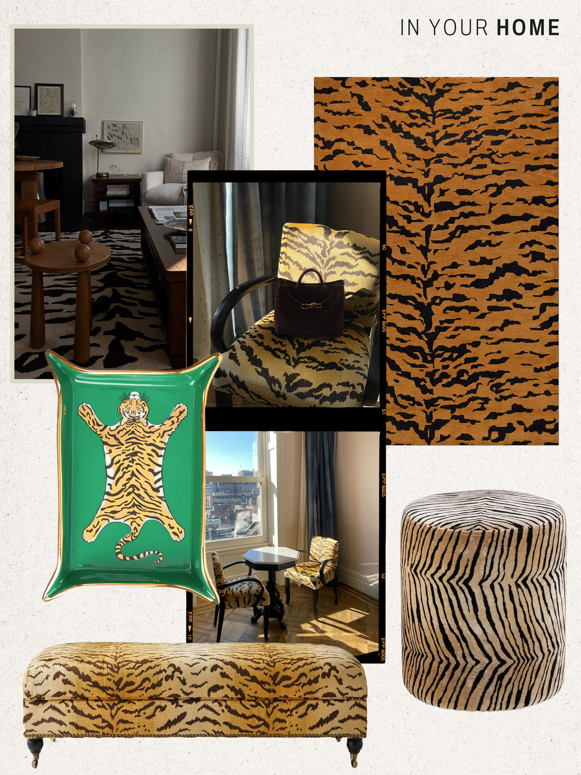 a collage of tiger-printed fashion and home items