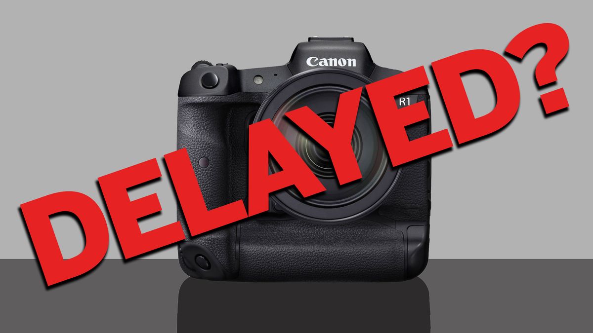 Mockup of the Canon EOS R1 with the word &quot;DELAYED?&quot; superimposed on top