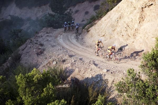 Stage winners and overall leaders Burry Stander and Christoph Sauser of 36One Songo Specialized lead during stage 1 of the 2011 Absa Cape Epic Mountain Bike stage race held from Saronsberg Wine Estate in Tulbagh, South Africa on the 28 March 2011