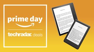 Amazon Prime Day banner with Kindle on yellow background