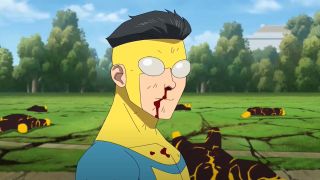 Mark Grayson's nose drips with blood after fighting some enemies in a field in Invincible season 2