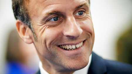 Close-up shot of Emmanuel Macron, France's president, during the NATO summit on July 12, 2023 in Vilnius, Lithuania. 