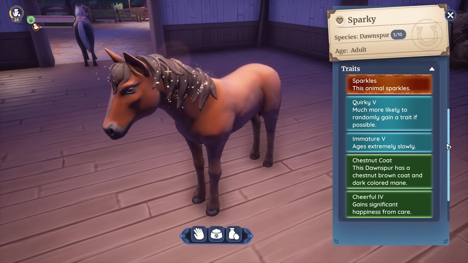 Palia - A horse named Sparkly in a stable with the traits Spakles, Quirky V, Immature V, Chestnut coat, and Cheerful IV