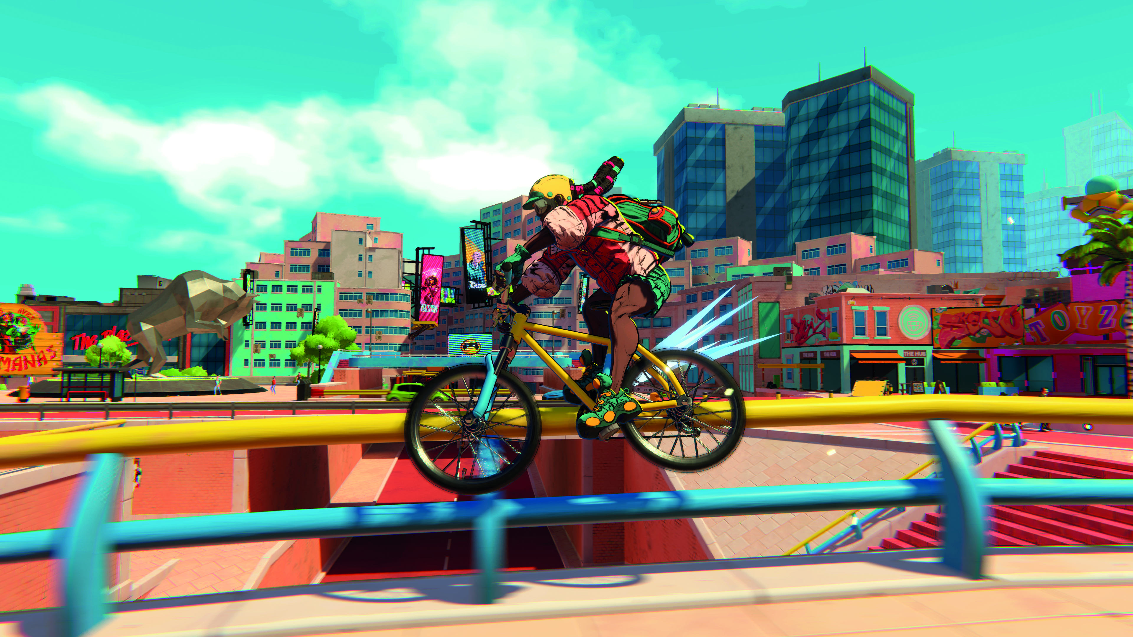 The art of making open world video games; a bike rider grinds on a rail