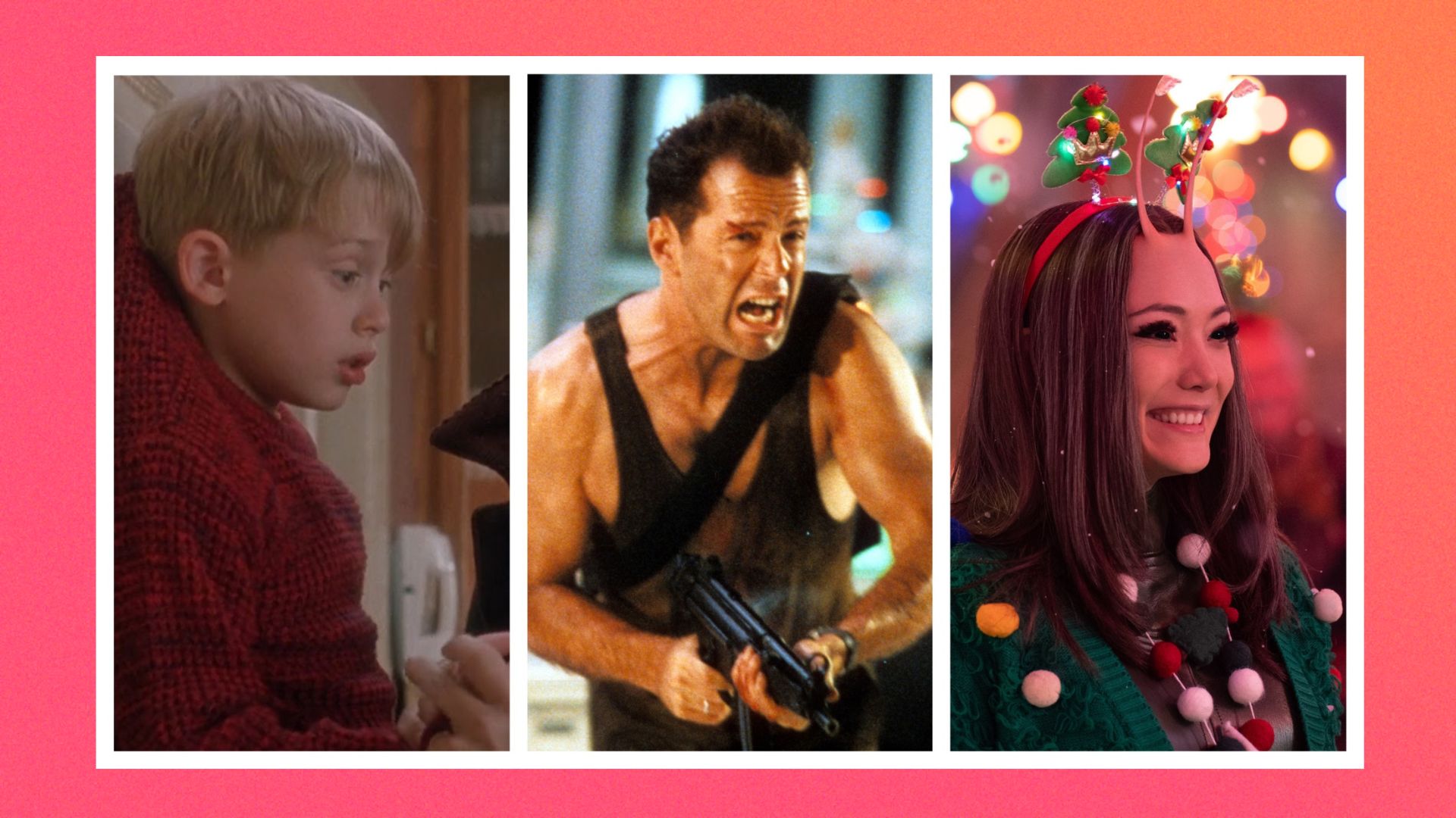 Three images sliced together left to right: Home Alone / Die Hard and the Guardians of the Galaxy Christmas special 