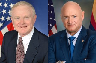 Roy Bridges (at left) and Senator Mark Kelly are the 2023 inductees into the U.S. Astronaut Hall of Fame.
