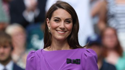 Catherine Princess of Wales smiles during day fourteen of The Championships Wimbledon 2024 at All England Lawn Tennis and Croquet Club on July 14, 2024