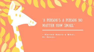 A children's book quote from Horton Hears a Who! by Dr. Seuss on an orange and yellow background with a cartoon giraffe.