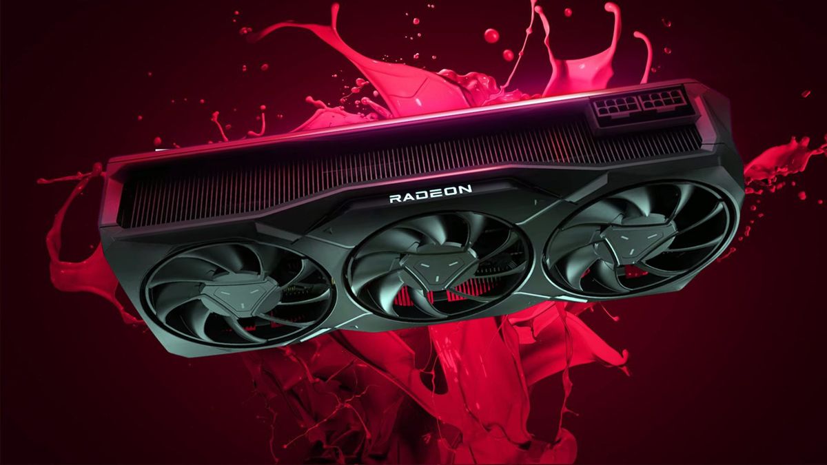 AMD Radeon RX 7900 GRE graphics card with red liquid splash in backdrop