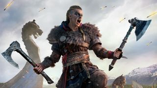 A Viking holding two axes and screaming during Assassin's Creed Valhalla.