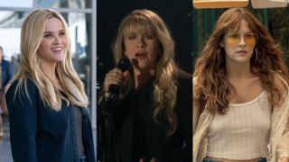 From left to right: A press image of Reese Witherspoon in The Morning Show, A screenshot of Stevie Nicks singing and a press image of Riley Keough in Daisy Jones and The Six.