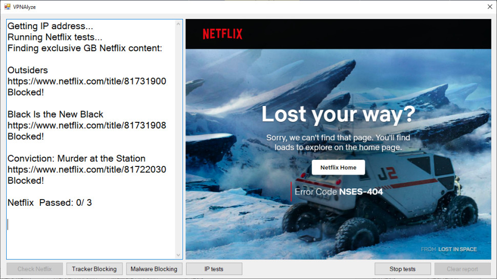 Our personal testing tool showing a VPN that's not working with Netflix