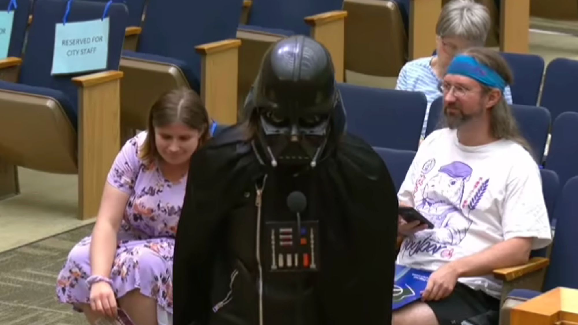 Darth Vader speaks to a City Council meeting in San Diego.