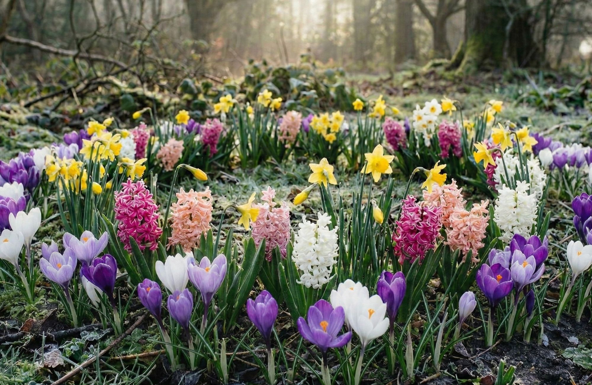 Spring flowering bulbs growing in a woodland fairy ring (amended by AI)